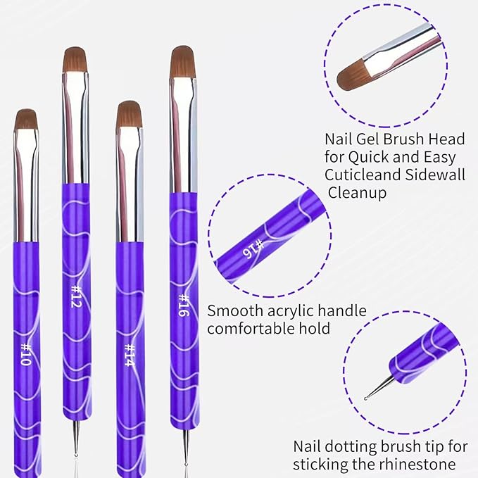 4Pcs French Tip Brush, Double-Ended French Brushes for Nails with Dotting Tool, Clean Up Brush for Gel Nail Polish, Size 10/12/14/16, Acrylic Nail Art Brushes, Manicure Tools for Nail Design-Lavender