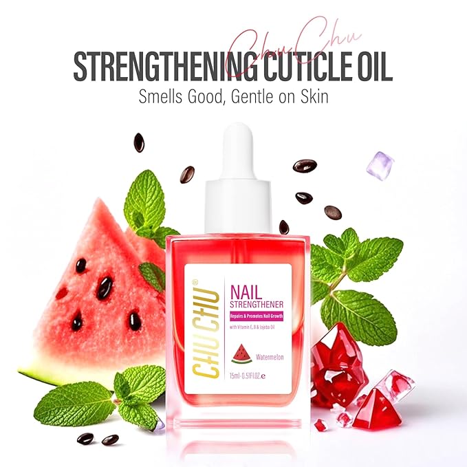 CHUCHU Nail Cuticle Oil Strengthener - Watermelon Scent Repair Growth Moisturizing Treatment - Natural Jojoba Vitamin B & E for Dry Cracked Nails