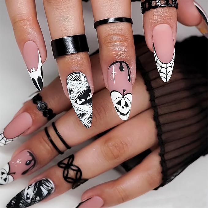 Halloween Press on Nails,White Black Ghost Fake Nails | Long Stiletto False Nails with Spider Web & Pumpkin Designs,Full Cover Stick on Nails for Women Girls | Halloween Nail Art Decor - 24Pcs