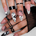 Halloween Press on Nails,White Black Ghost Fake Nails | Long Stiletto False Nails with Spider Web & Pumpkin Designs,Full Cover Stick on Nails for Women Girls | Halloween Nail Art Decor - 24Pcs