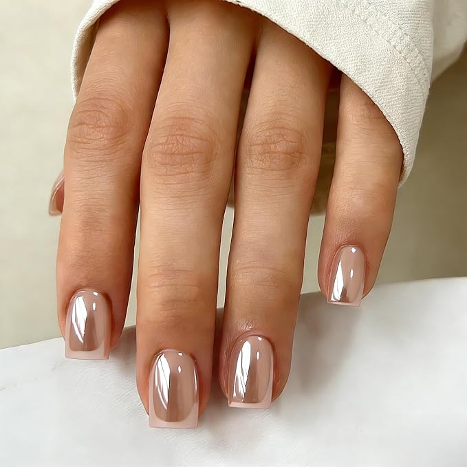 Chrome Natural Nude Press on Nails Short Square, Glazed Short Fake Nails with Sparkle Mirror Design, Shiny Glitter Glue on Nails with Glue, Cute Gel Nail Press ons for Fingernail 30 Pcs