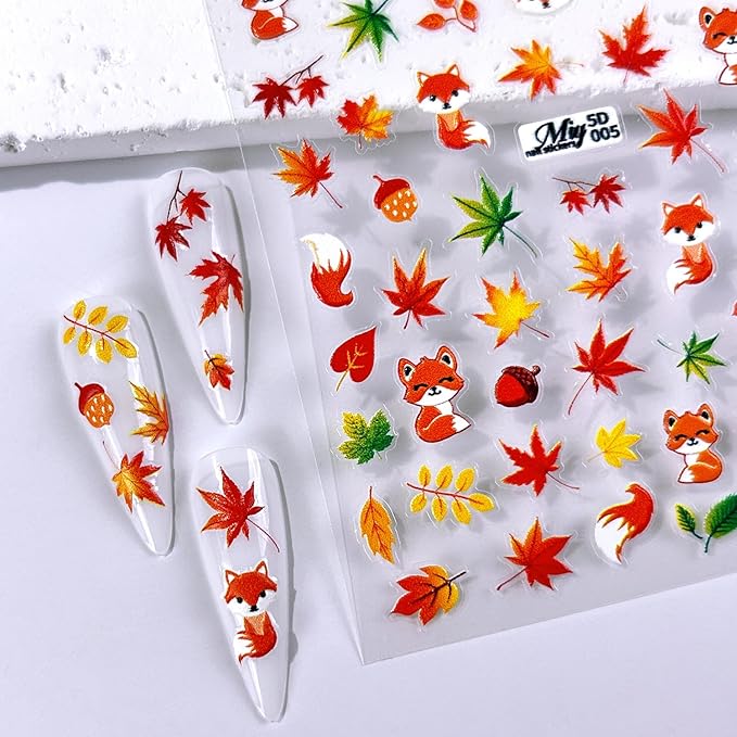 Fall Nail Stickers 5D Embossed Nail Art Stickers Autumn Nail Decals with Fox Maple Leaves Pumpkin Pinecone Designs Cute DIY Self-Adhesive Nail Art Supplies 3 Sheet