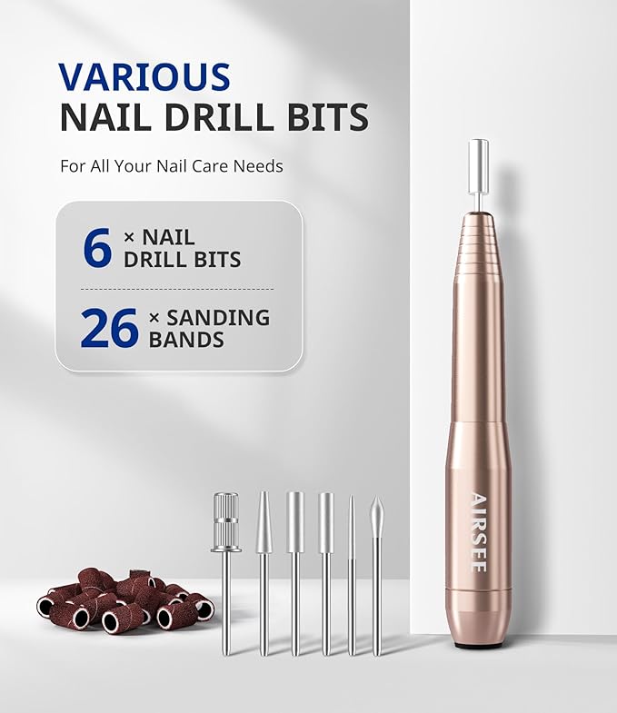 AIRSEE Studio Basic Electric Nail Drill, USB Portable Nail E File Machine for Professional Beginners, Manicure Pedicure Dremel Kit for Salon & Home Use, Gold