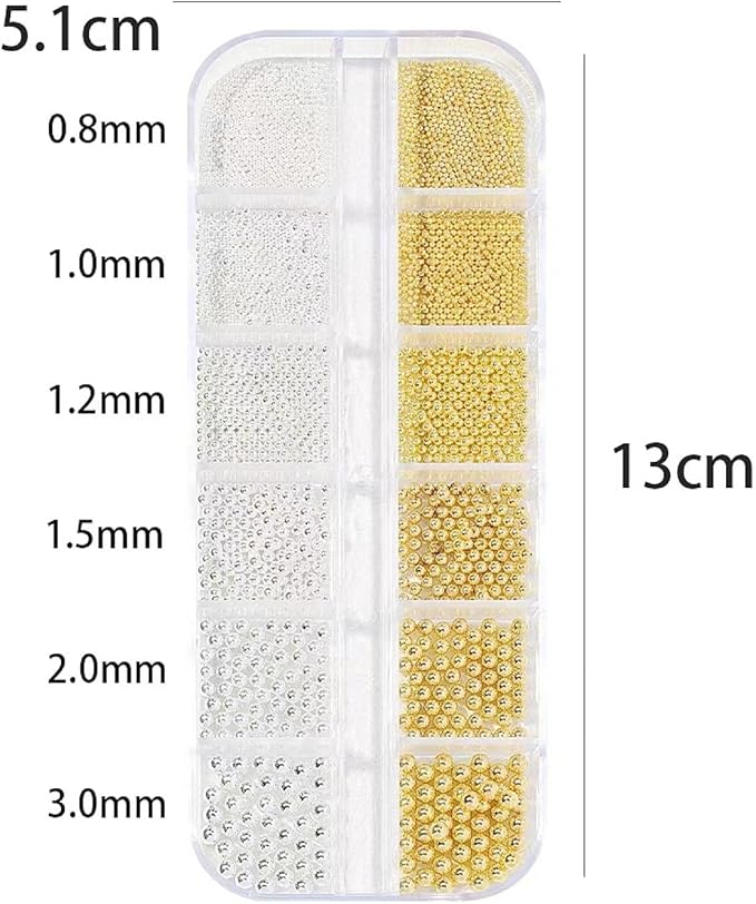 12 Grids Art Charms Metal Beads 3D Caviar Small Steel Ball Nail Accessories Nail Art Metal Mini 3D Mixed Sizes DIY Decorations Accessories (Silvery and Gold)