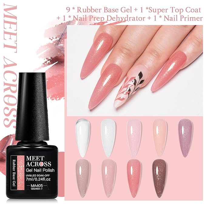 MEET ACROSS Rubber Gel Base Coat for Nails, 12Pcs Jelly Rubber Base Gel Polish for Nails Shiny Nude Sheer White Pink Long Lasting Protect Soak Off U V LED Builder Gel For Thin Weak Nails