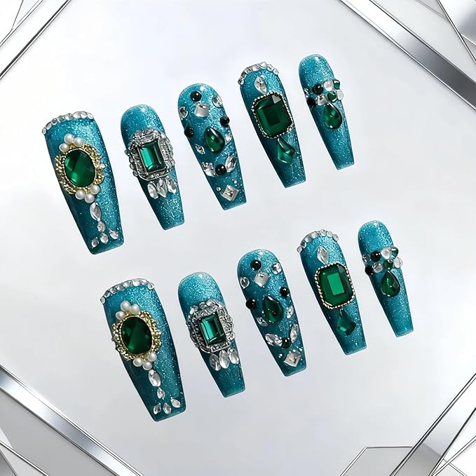Luxury Handmade Emerald Green Long Coffin Press On Nails, 3D Multi-shape Rhinestones Crystal Sparkle Elegant Acrylic Nails (Emerald Green Sparkle, S)