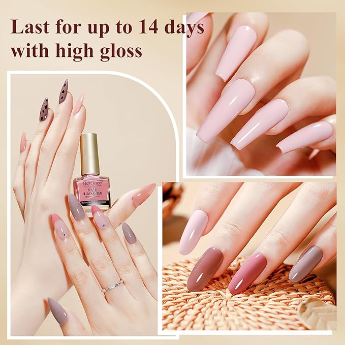 Pink Quick Dry Nail Polish Set 6 Colors Vegan Nail Lacquer Nude Brown Air Dry Glitter Fingernail Polish Regular Neutral Wedding Color Non Gel DIY Salon Valentine's Day Gift for Women