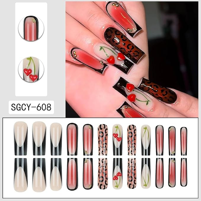 24Pcs Long Square Press on Nails - Black French Tip, Cherry & Brown Ombre Cheetah Design | XL Glossy Full Cover Fake Nails for Women Manicure