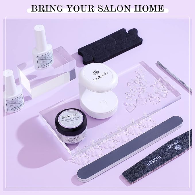 SAVILAND Toenail Tips and Solid Glue Gel: 500 PCS Clear Press on Toe Tips with Nail Glue Gel Base & Top Coat U V Light Pedicure Kit for Salon Home DIY Gift For Women