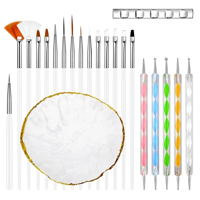 White Nail Art Brush 22 Pcs Set, 2 Head Acrylic Silicone Engraving Dotting Pen Tools Dust Brush, Striping Liner Drawing Pens, Resin Palette, for Nail Art DIY Home Salon Makeup Display Board