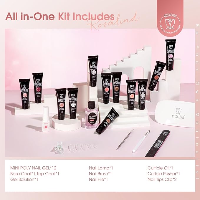ROSALIND 12PCS Pink Brown Christmas Poly Nail Gel Kit with Mini Nail Lamp White Glitter Pink Poly Extension Gel Set 0.34oz/10ml with Slip Solution Basic Tools for Beginners with Everything