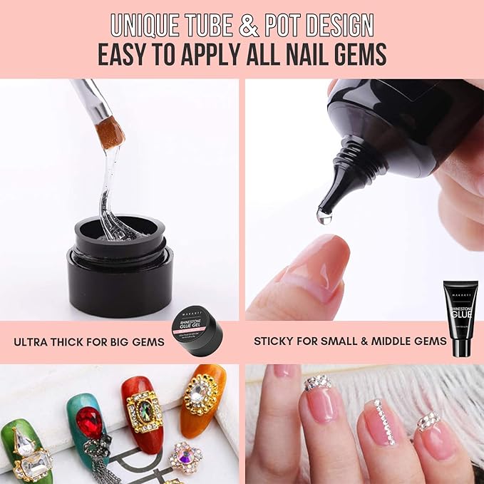 Makartt 2pcs Nail Rhinestone Glue Gel with Brush Pen Set, 38ml Clear Nail Gem Glue Gel Super Strong Adhesive Nail Art Glue Gel for Nail Decorations 3D Stones Charms Flowers(Nail Lamp Needed,8ML+30ML)