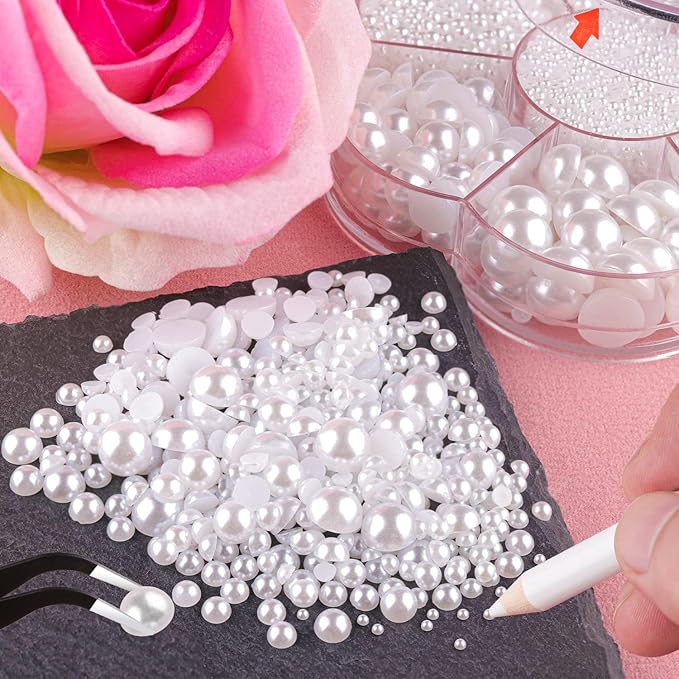 Nail Art Flat Back Half Round Pearl Kits, Mixed Sizes 6000 Pcs with B7000 Jewelry Glue White Small Pearls for Nails with Picking Tools for Graduation Cap Decorations Home DIY Body Face Craft Use