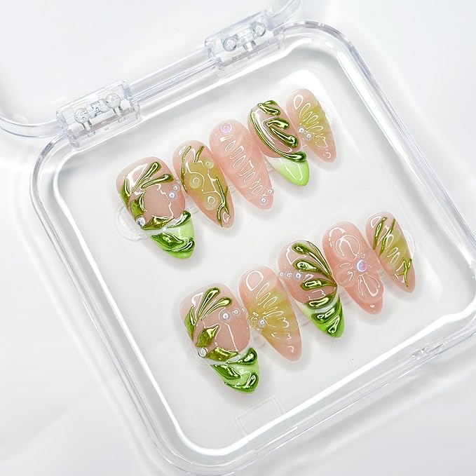Luxury Press On Nails Medium Almond Handmade 3D Unique Reusable ABS Material False Nails Green with Designs Pearls Floral Art Petal Glossy Glue on Nails Thick Acrylic Nails (10 Pieces, 1 Set)