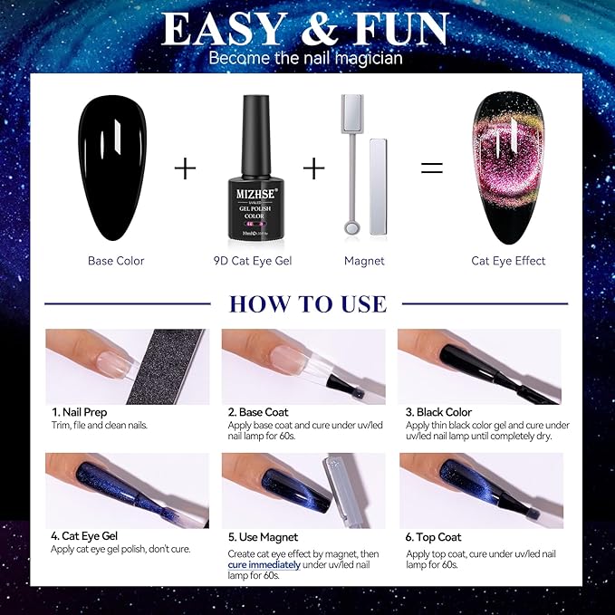 MIZHSE 60ml 9D Cat Eye Gel Nail Polish Set, Glitter Chameleon Magnetic Gel Nail Polish with Black Base Coat 2 Magnet Sticks, Galaxy Effect,Soak Off LED Nail Art Manicure Salon DIY Valentine's Gifts
