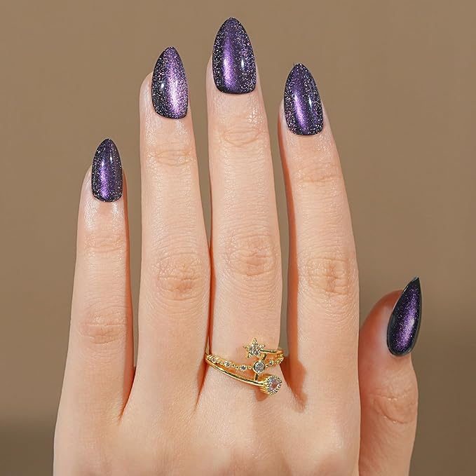 Cat Eye Press on Nails Short, Jofay Fashion Stylish Purple Press on Nails Almond, Soft Gel Fake Nails, Reusable & Natural Acrylic False Nails, Stick on Nails for Women Gift, Glue on Nails Kit 32 Pcs