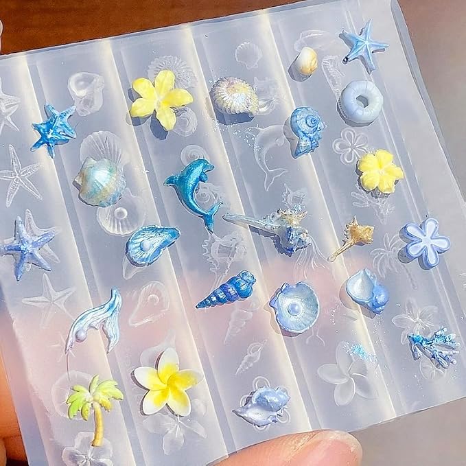 Sea Themed Silicone Nails Art Mold Set with Summer Seaside Shell Conch Starfish Coconut Tree Flower Designs 3D Template Carving Mold for Manicure Designs