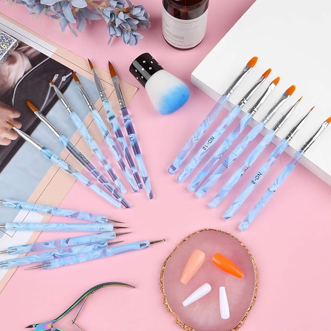 TOROKOM 19Pcs Nail Art Brushes Set, Nail Art Tool for Acrylic Application, Incl Nail Dotting Pens, Nail Dust Brush, Extension Gel Brush for Home Use and Professional Nail Salon