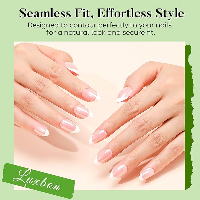 Luxbon Durable Short Almond Press On False Nails Acrylic with No-Cure Nail Glue and Tool Kit – French Manicure Soft Gel Tips 25-30pcs Full Size Set, Reusable Fake Nails for Women, Chrome White