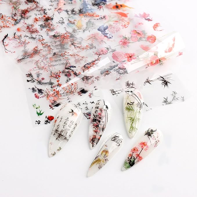 JERCLITY 10 Rolls Chinese Style Nail Foil Transfer Sticker Plum Orchid Bamboo Ink Painting Pattern Nail Art Decals Transfer Stickers Wraps