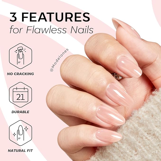 Modelones Chrome Pink Press on Nails, Spring Pearl Short Almond Fake Nails, Reusable Nail Kit with Nail Glue Adhesive Tabs Mini Nail File, Nails Press Ons 32 Pcs 16 Sizes