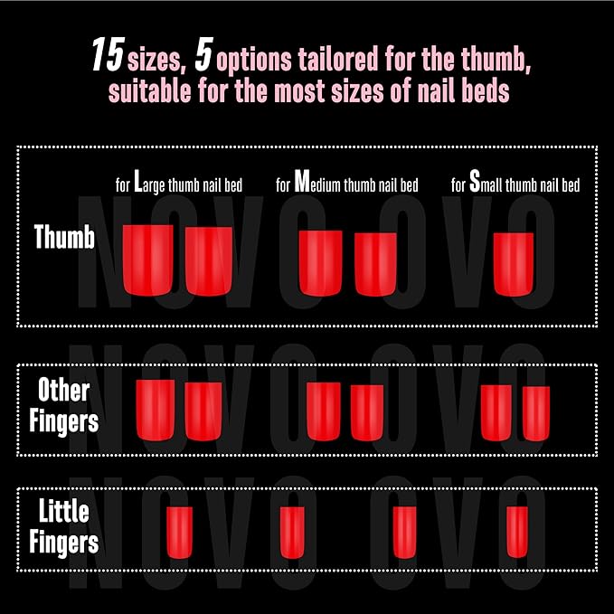 NOVO OVO Short Sharp Square Nail Tips Press on Pure Color Red, Need Builder Gel Top Coat Nail Glue, Soft Gel Matte Fake Nail Extension, Full Cover False Nails for Salon DIY x 15 Sizes 180 pcs