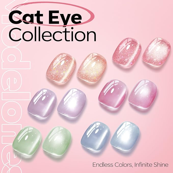 modelones Pink Cat Eye Gel Nail Polish Light Pink 9D Cateye with Magnet Shimmer Glitter Gel Polish Soak Off Reflective Translucent Jelly Gel Nail Polish 15 ML