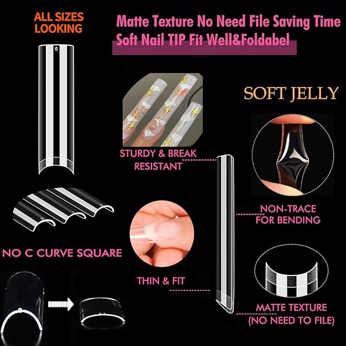 UNA GELLA Nail Tips Square XXL Tips 120 PCS No C Curve Gel Tips Extra Long Square Straight Nails Half Fake Nail Tips No Trace for Acrylic Nails Tips for Home DIY with Box