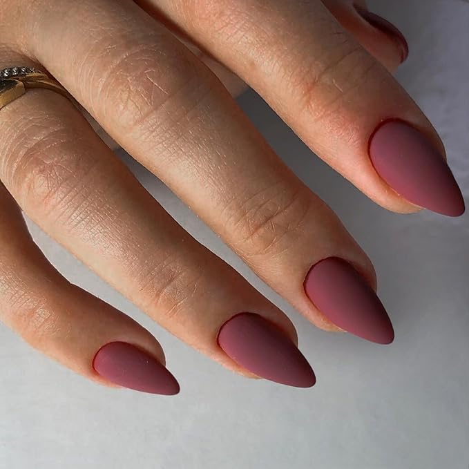 Matte Plum Press on Nails Almond Shaped 48Pcs Neutral Fake Nails for Women, Medium Almond Nails Press on Reusable Acrylic Nails Glue on Medium Length Stiletto False Nails Gel Artificial Nails