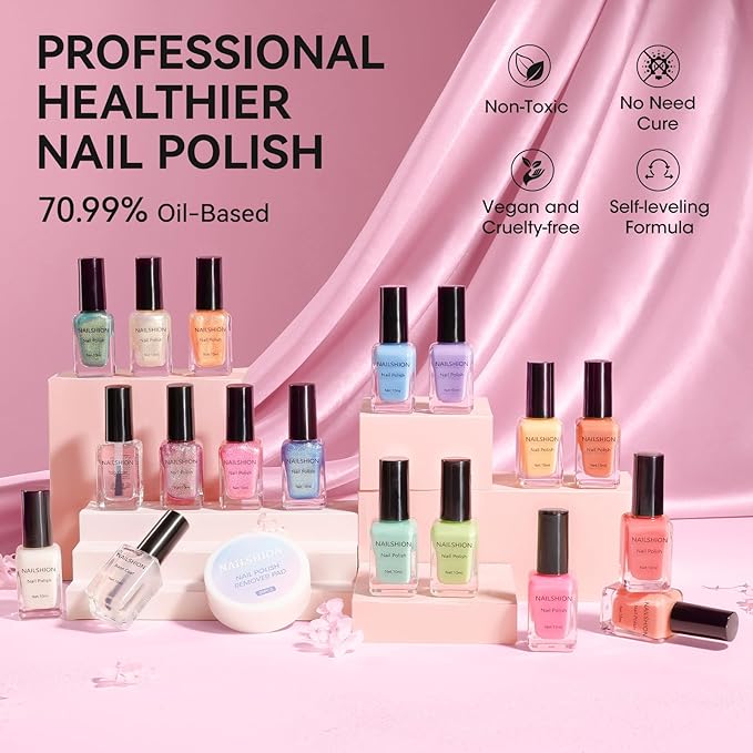 Quick Air Dry Nail Polish, 16 Colors Holographic Nude Peach Pink Blue Green Jelly Glitter Sparkle Regular Nail Polish with Clear Base Top Coat & Remover Pads, Hema-free, Non Gel,