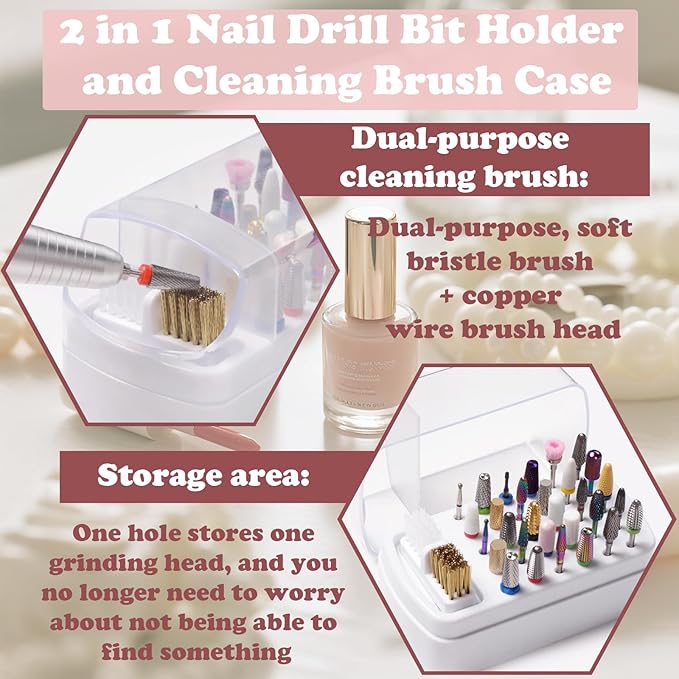 2 in 1 Nail Drill Bit Holder and Cleaning Brush Case,30 Holes Nails Drills Bits Cleaning Brush Case,Manicure Tool Supplies Organizer,Manicure Desk Organizer (Nail Drill Bits are Not Include)
