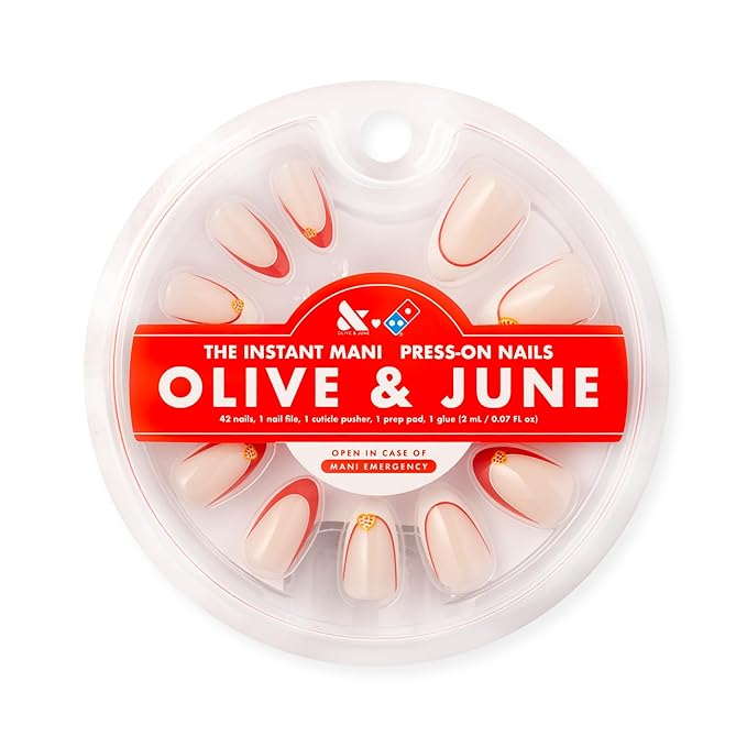 Olive & June Instant Mani Press-On Nails (Glue) | 42 Fake Nails, 21 Sizes | Non-Toxic, Long-Lasting Recycled Materials Realistic Look | Salon-Quality at Home | Medium, Almond | I Heart Pizza French