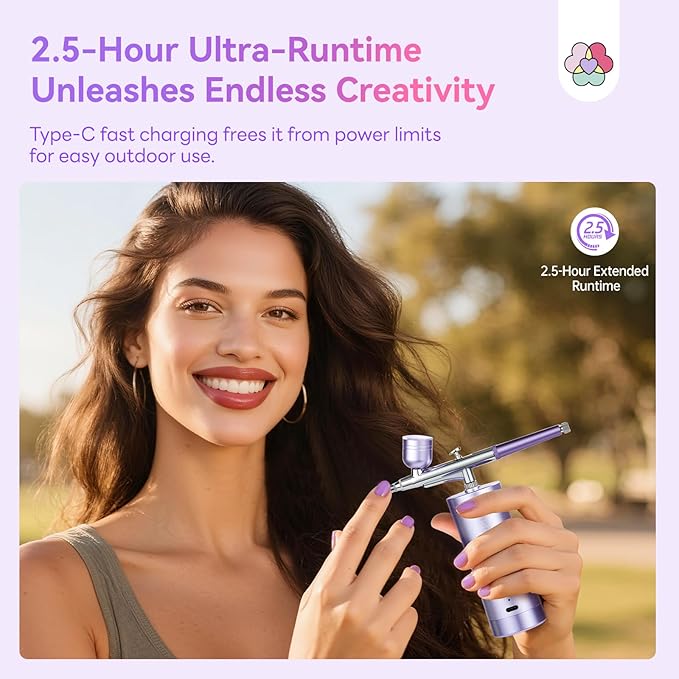 SAVILAND Airbrush for Nails: Limitless Nail Art Creativity Airbrush Kit Pro Dual-Mode Rechargeable 0.3mm Nozzle Makeup Set Nail Airbrush Machine for Ombre French Airbrush Paint Salon（Purple）