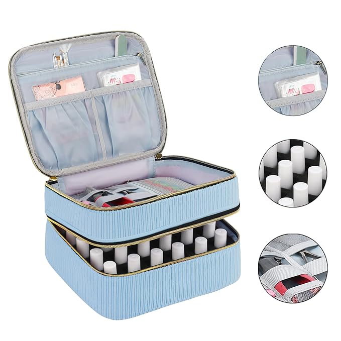 Nail Polish Organizer- Holds 30 Bottles, Nail Organizers and Storage Double-Layer Nail Bag Organizer Case Nail Polish Holder with Handle, Nail Kit Organizer for Manicure Tools (Blue)