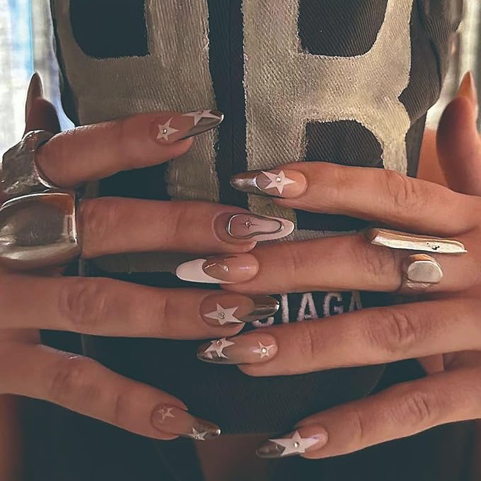 Press on Nails Medium Almond MABKJLF French Tip Fake Nails Nude Full Cover White Gold Nail Tip False Nails with Star Designs Rhinestones Glossy Glue on Nails Artificial Nails for Women Girls 24Pcs