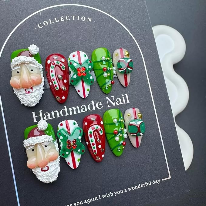 Christmas Press on Nails Medium Almond Handmade Nails with Glue,Green ＆ Red Fake Nails Cute 3D Santa Claus Designs Muti-Layer Gel Handmade Acrylic Full Cover Thick False Nails for Women (Size S)