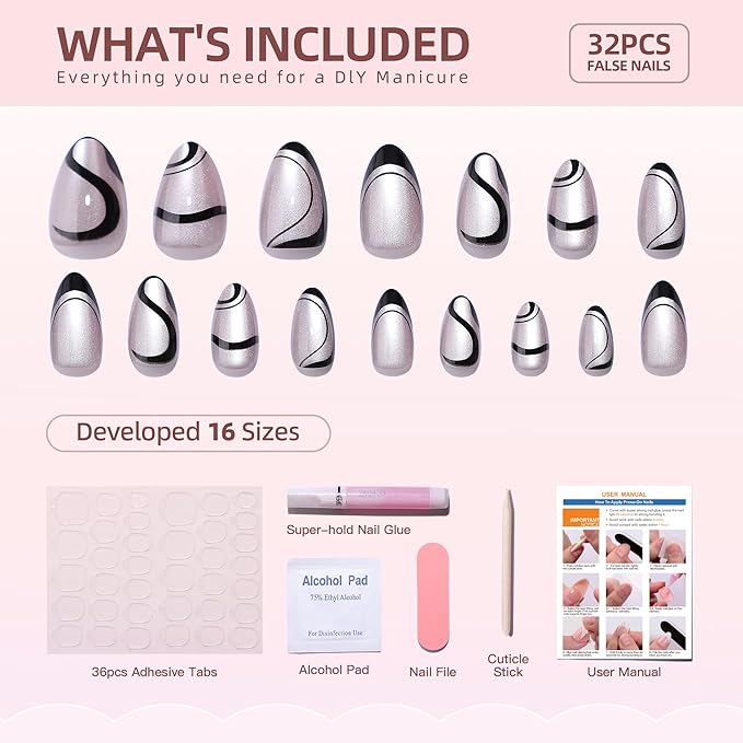 Gel Press On Nails- Almond Press On Nails, Short Fake Nail with Black French Tip Nail Designs, Artificial Nail 16 Sizes - 32Pcs Reusable Soft Gel False Nail Tips Kit，Glue On Nail Short