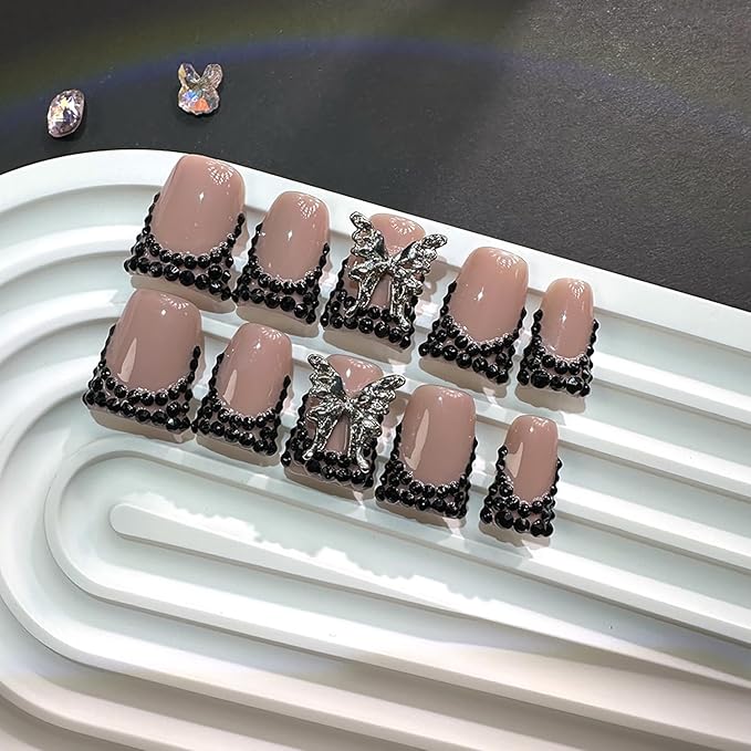 10 Pcs Handmade Press on Nails Medium Duck Fake Nails French Tip Full Cover Nude Pink Nails Press Ons Artificial Acrylic Black Rhinestone and Butterfly Design Stick on Nail for Women(Size S)