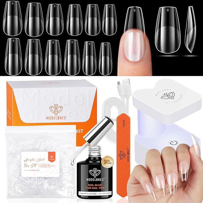 modelones Medium Coffin Gel Nail Tips Kit, 9-in-One Nail Glue with Portable U V Lamp 216Pcs 12Sizes Pre-Etched Press ons Fake Acrylic Extension Kit DIY Salon Gift for Women