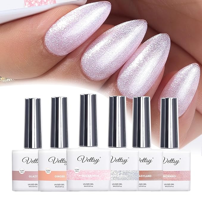 vettsy HEMA-Free Pink & Shimmer Gel Nail Polish Set - 6 Elegant Long-Lasting Soak-Off UV/LED Gel Polishes - Vegan, Cruelty-Free & Allergy-Friendly for Radiant Nails