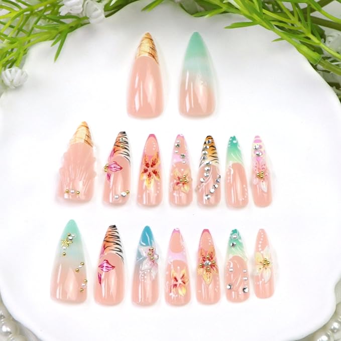 Flower Press on Nails Long Stiletto Fake Nails Press ons with Flower Rhinestone Leopard Print French Designs Acrylic Blue Pink French Glue on Nails for Women 24 Pcs