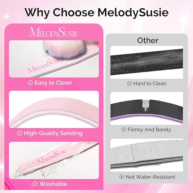 MelodySusie Nail File Kit, 6Pcs Double Sided 100/180 Grit Mixed-Shapee Emery Boards for Nails, Professional Manicure Pedicure Supplies for Home and Salon Use, Pink
