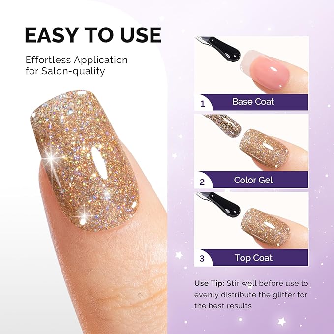 MelodySusie Galaliver Gold Glitter Gel Nail Polish, 15ML Sparkly Champagne Shimmer Gel Polish Soak Off UV LED Cured Long Lasting Gift for Women DIY Nail Design Nail Art Manicure X07