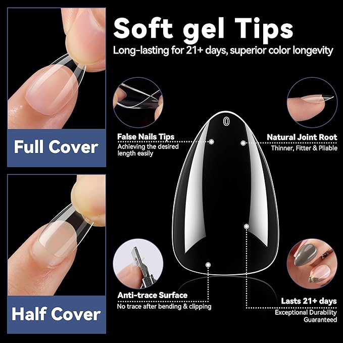 UNA GELLA Short Almond Nail Tips Pre-shape Short Almond Gel Nail Tips 216pcs Press on Nails 12 Sizes Soft Gel Acrylic Clear Fake Full Cover for Nails Extension Home DIY Salon