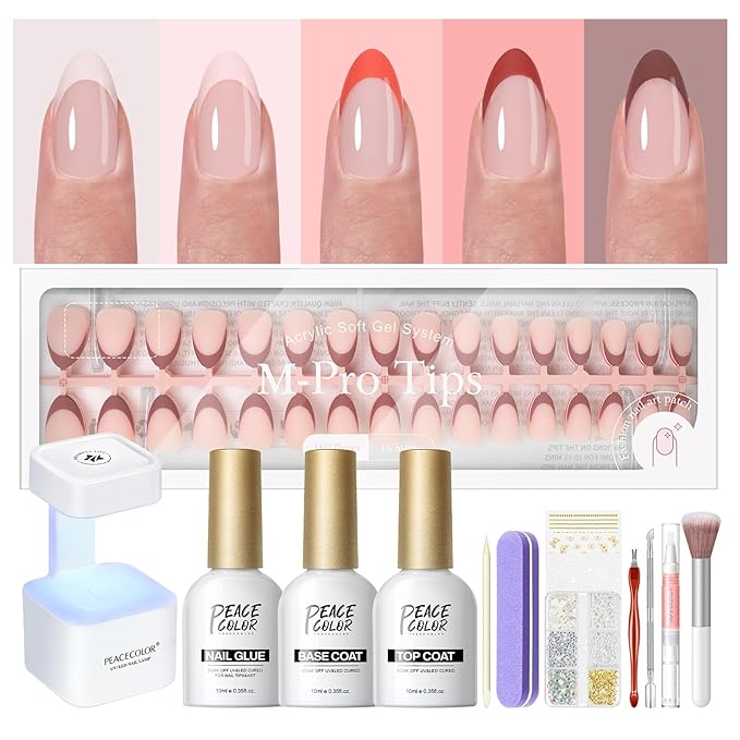 PEACECOLOR French Tip Press On Nails Kit - 160Pcs Short Almond 5 Colors Nude Fake Nails Extension Kit with Nail Glue Top & Base Coat Nail Lamp & Tools Manicure Set for Women Home DIY Gift