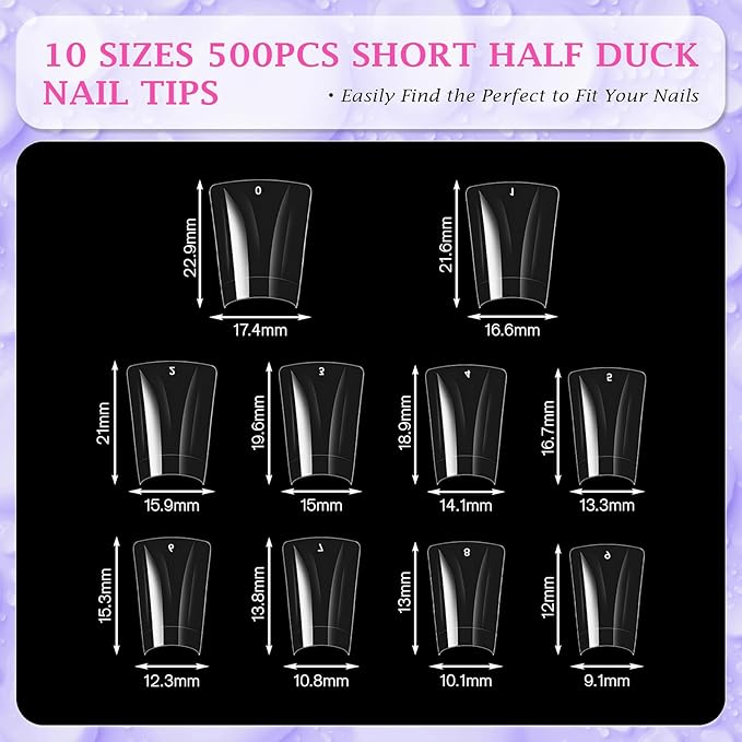 outopen 500pcs Short Duck Nail Tips S Feet Clear Flare Nail Tips for French False Nail Extension Y2K Vibe Half Cover Duck Tips for Polygel Acrylic Extension Beginners DIY Manicure, 10 Sizes