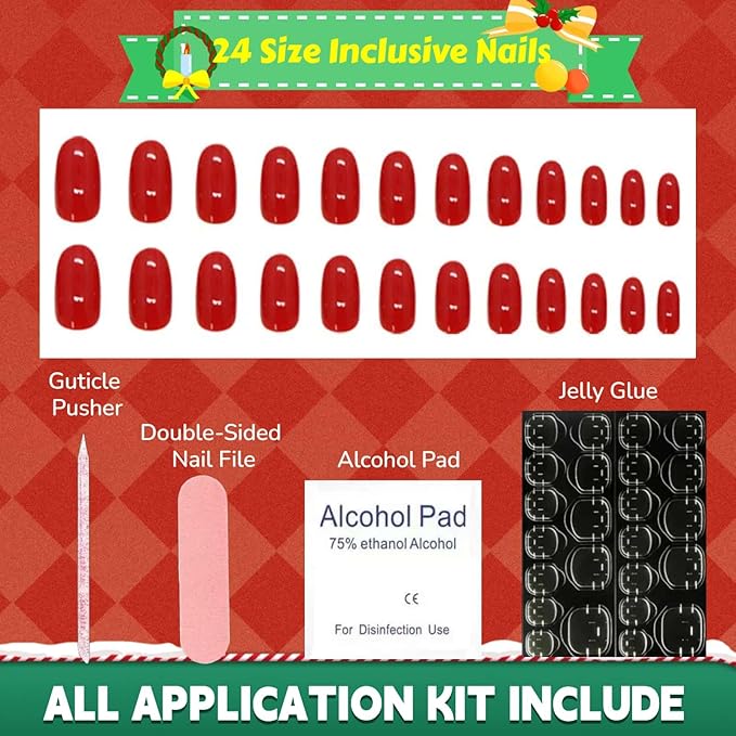 Red Press on Nails Almond Medium Fake Nails Solid Color Designs Glue on Nails Full Cover Red Glossy False Nail Removable Stick on Nail for Women 24 Pcs
