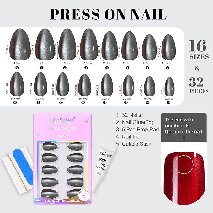 Grey Press on Nails Short Almond, Jofay Fashion Cat Eye Soft Gel Fake Nails, Reusable & Natural Acrylic False Nails, Glue on Nails Kit for Women Girls Gift 32 Pcs