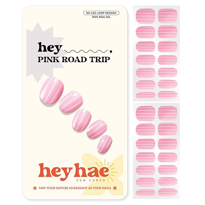 Heyhae Semi Cured Gel Nail Strips | No LED Lamp Needed |Pink, Valentines | Easy Apply & Remove, Salon Quality | Includes 28 Strips, 1 Prep Pads, Nail File & Wooden Stick - Hey, Pink Road Trip