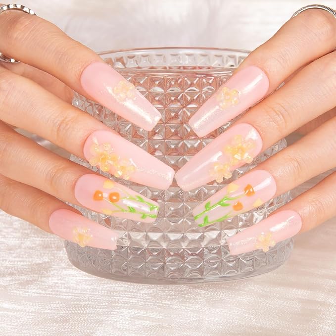 LOVFUL Press on Nails Flower Refresher | Handmade with Full Covered Crystals | Reusable Full Cover Nails | Coffin Classic Regular 1.3 in | H313-S